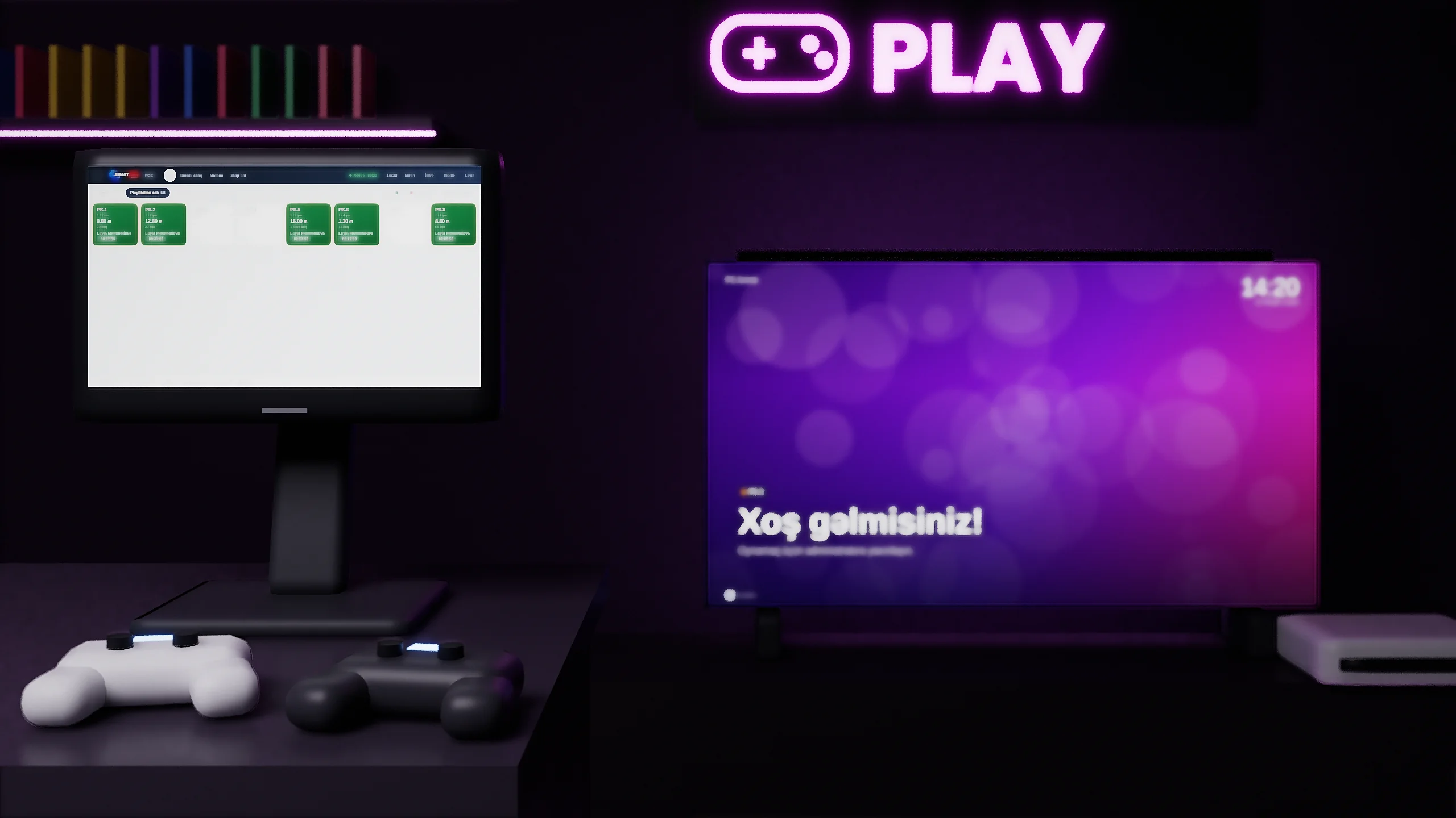 PlayStation zalı: kassa ekranı və televizor