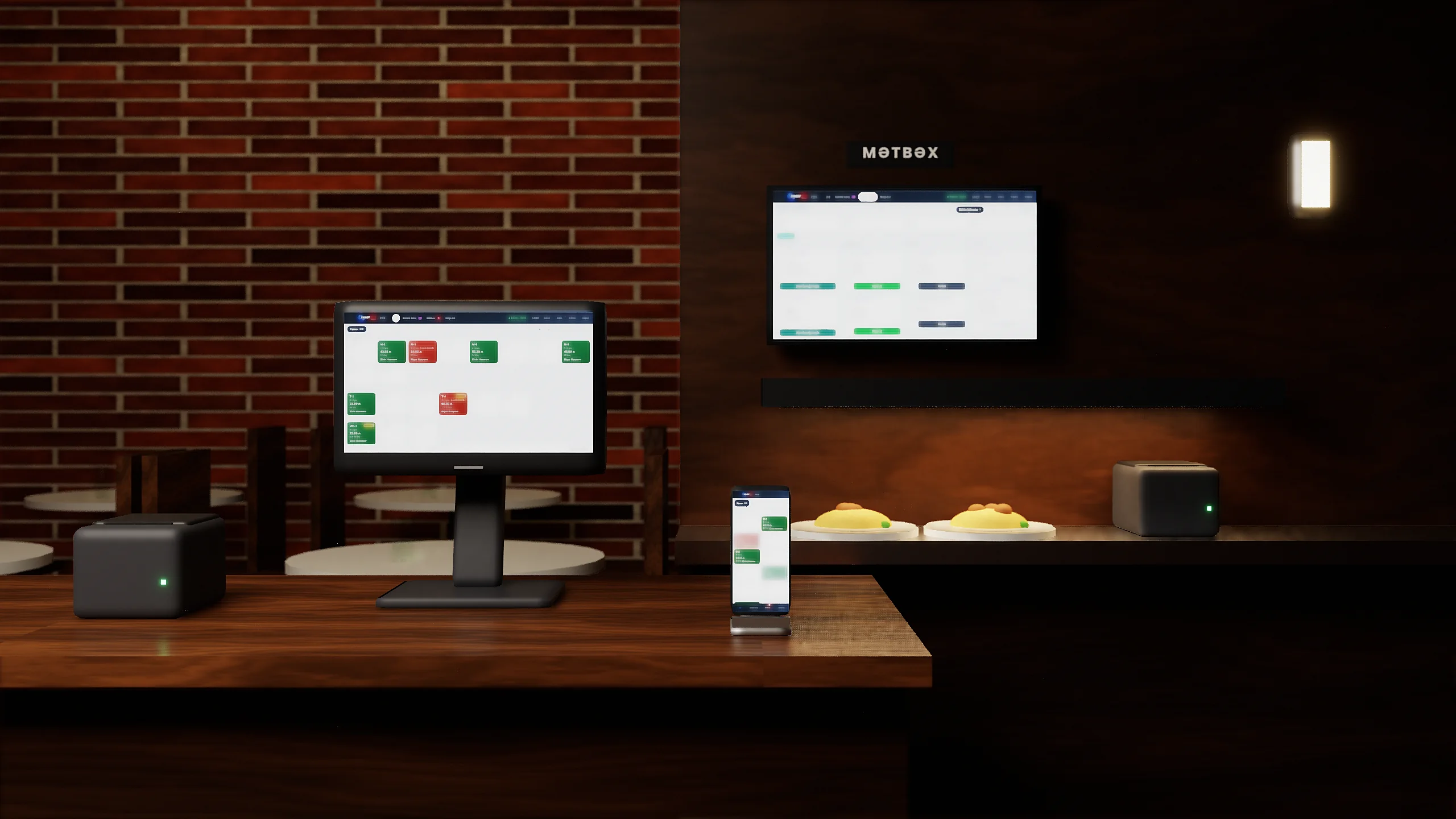 Restoran: kassa ekranı, mətbəx ekranı, mətbəx printeri və ofisiantın telefonu